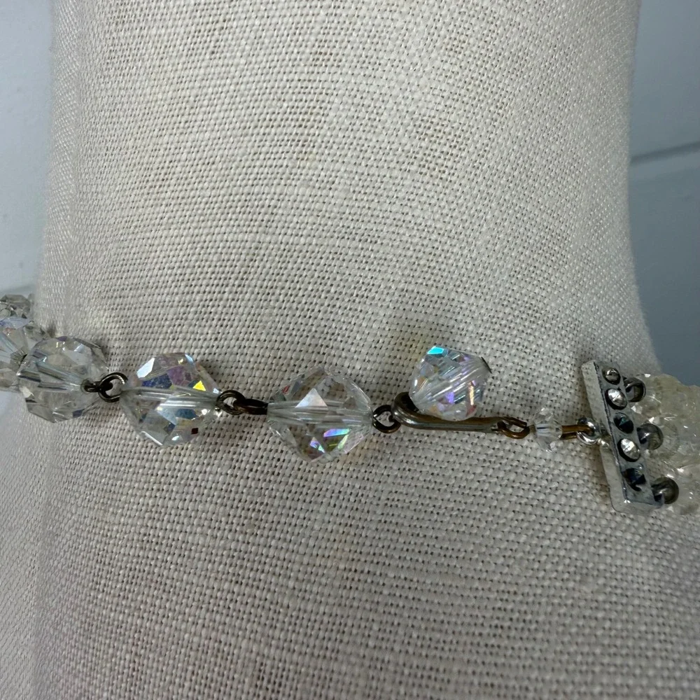 Vintage Aurora Borealis Clear Glass Bead Necklace Silver Tone Rhinestone Accents